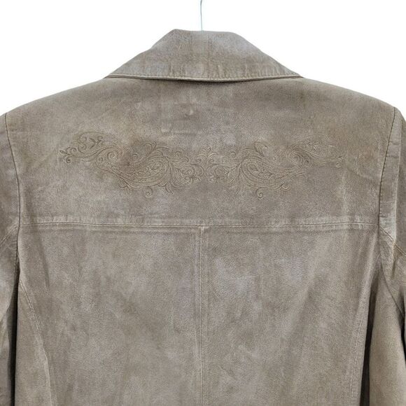 Vtg 90's Jacket Leather Embroidered Country Rodeo Shacket Neutral Tan Sz M - Picture 10 of 11